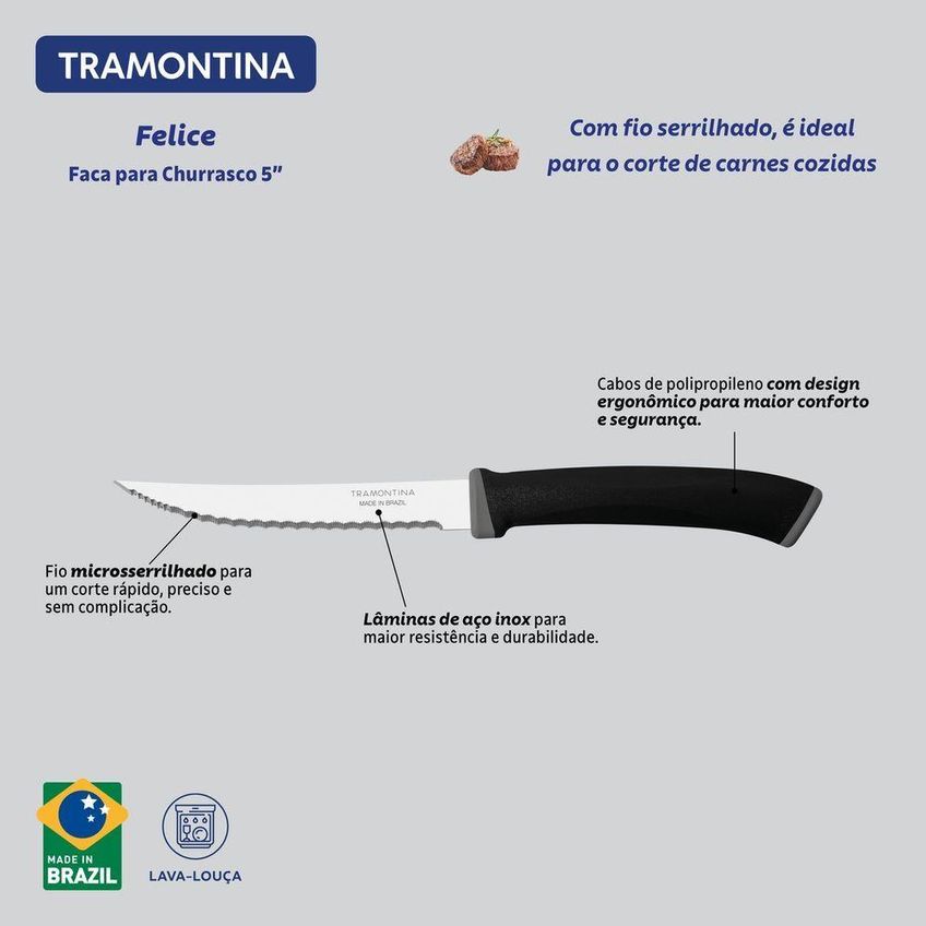 Faca Para Churrasco Felice Aço Inox Cabo Polipropileno Preto Uso Cozinha Tramontina - imagem 4