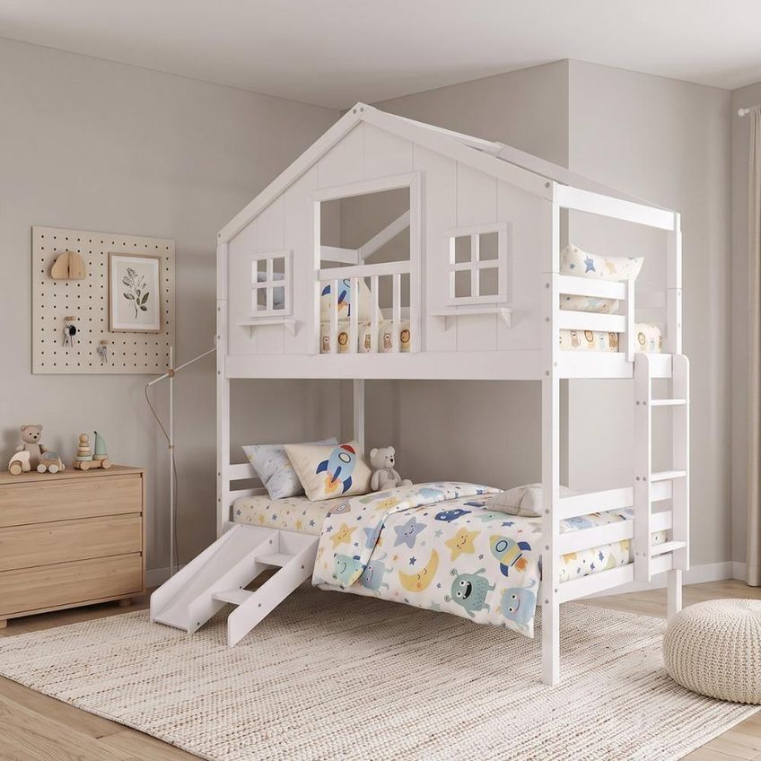 Beliche Solteiro Casinha Dos Sonhos Varanda Kit Escorregador Madeira Maciça Branco Housin - imagem 4