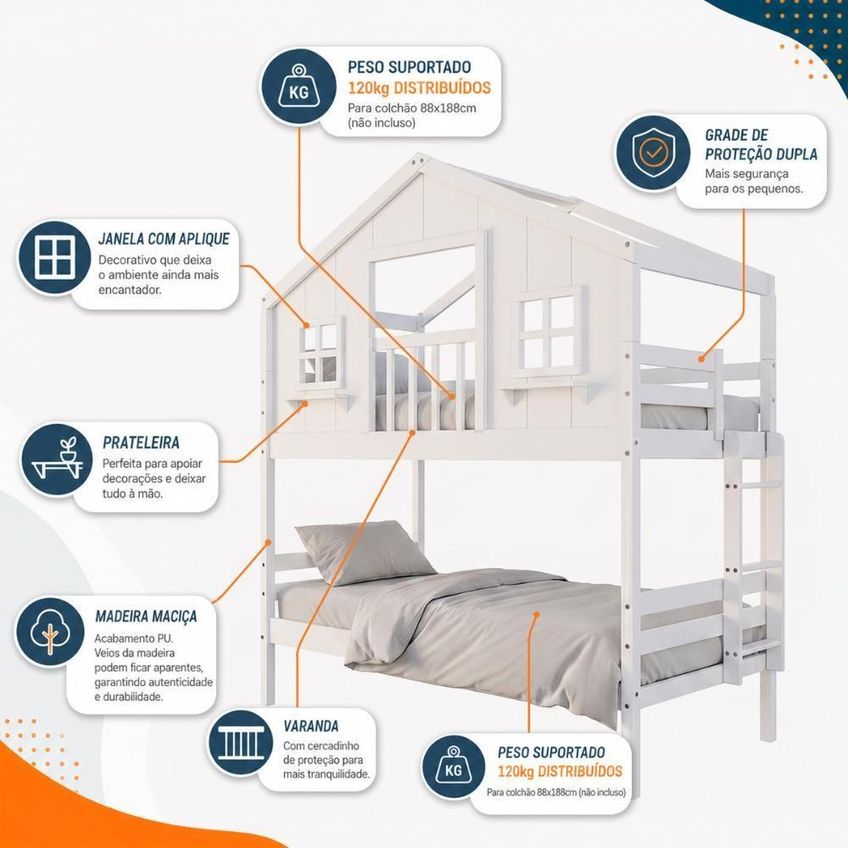Cama Infantil Solteiro Casinha Dos Sonhos Com Varanda Madeira Maciça Branco Housin - imagem 3