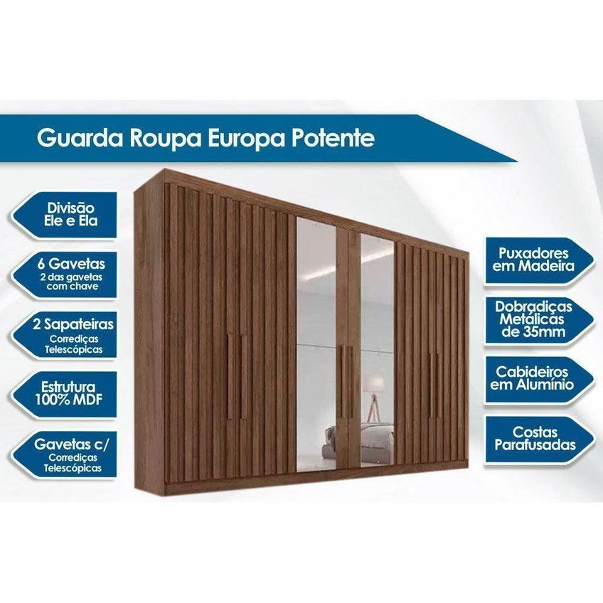 Guarda Roupa Casal Potente 6 Portas De Abrir 6 Gavetas MDF 2 Espelhos Braúna Europa - imagem 4
