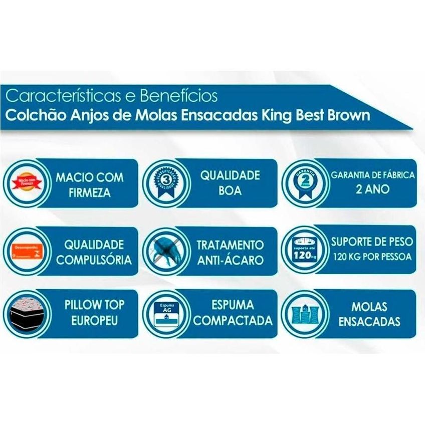 Cama Box Baú CRC Casal + Colchão Molas Ensacadas King Best New Euro Pillow Marrom Anjos - imagem 3