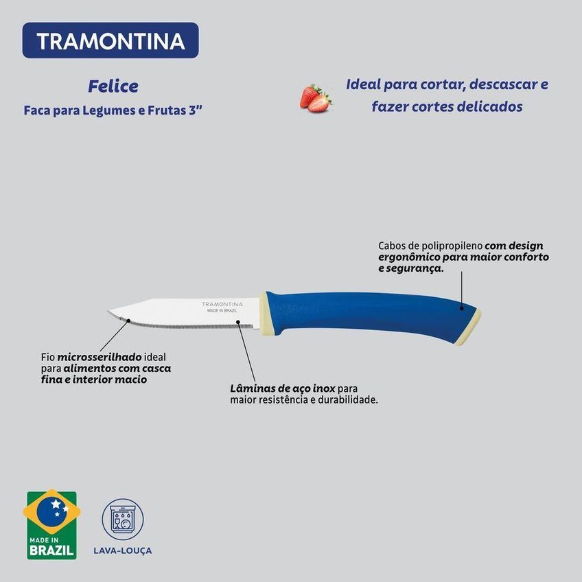 Faca Para Legumes E Frutas Felice Aço Inox Fio Microsserrilhado Uso Cozinha Azul Tramontina - imagem 3