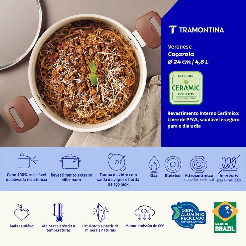 Caçarola Veronese Alumínio Reciclado Revestimento Interno Cerâmico 4,8l Argila Tramontina - imagem 2