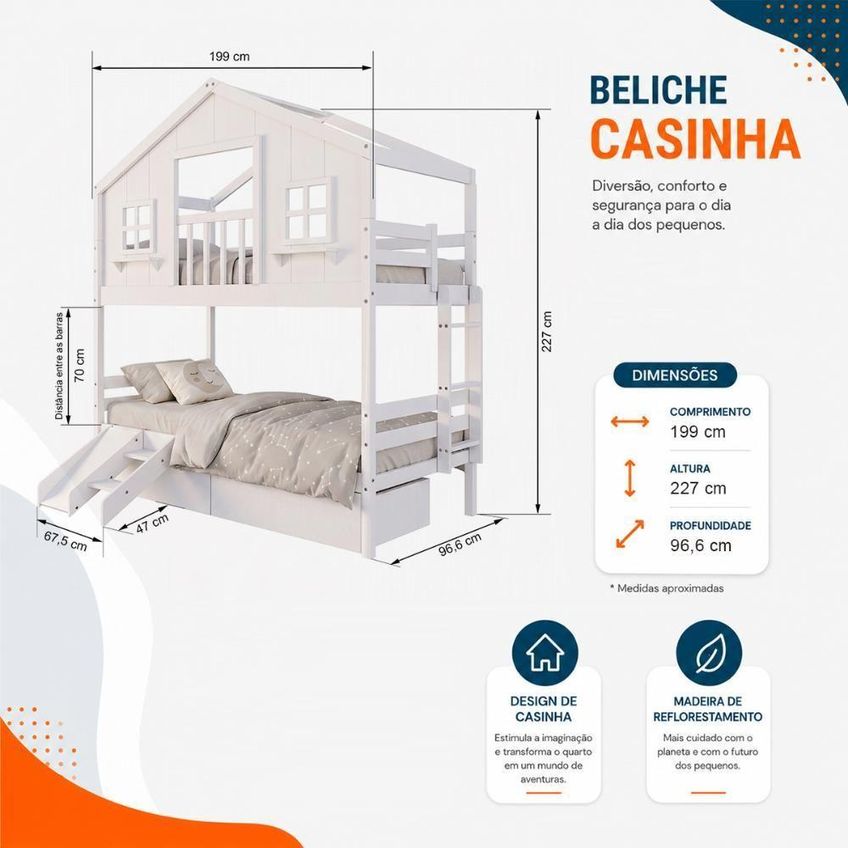 Beliche Casinha Dos Sonhos Com Varanda 02 Gavetas Kit Escorregador Madeira Maciça Branco Housin - imagem 5