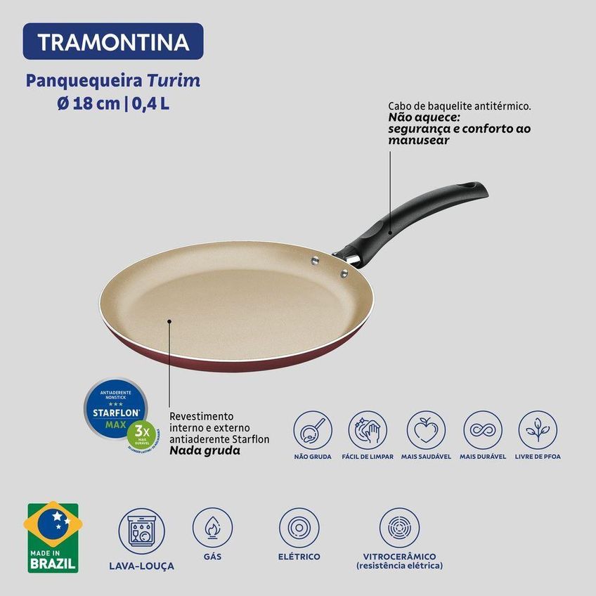 Panquequeira Turim Alumínio Antiaderente Starflon Max 18cm Vermelha Tramontina - imagem 5