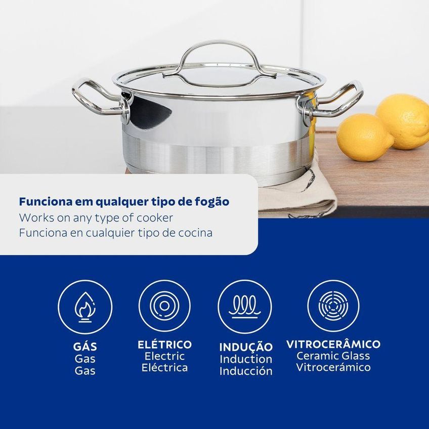 Caçarola Professional Funda Aço Inox Fundo Triplo 6,1l Tampa Plana Tramontina - imagem 3
