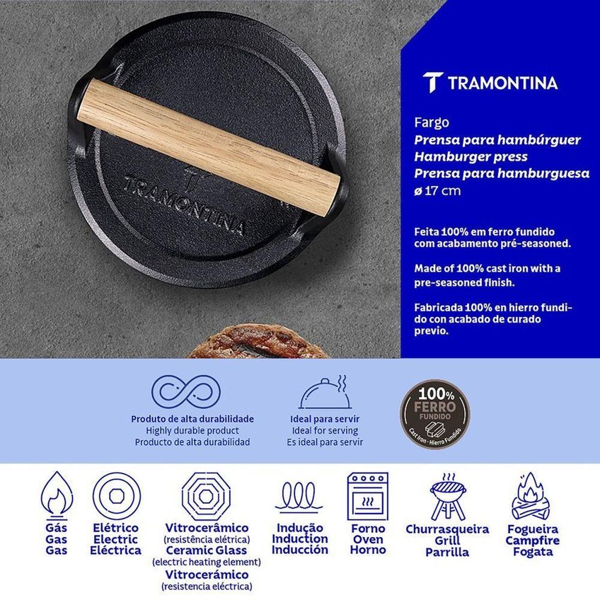 Prensador Para Hambúrguer Manual Fargo Ferro Fundido Pre Seasoned Chapa Gourmet Tramontina - imagem 3