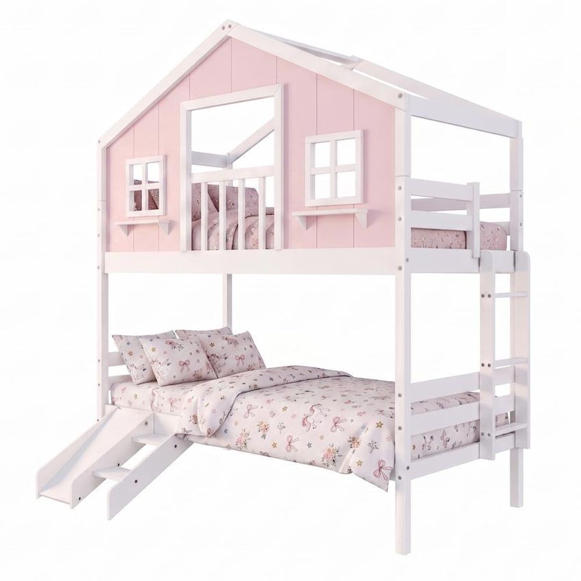Beliche Infantil Solteiro Casinha Dos Sonhos Com Varanda E Kit Escorregador Madeira Maciça Rosa - imagem 3