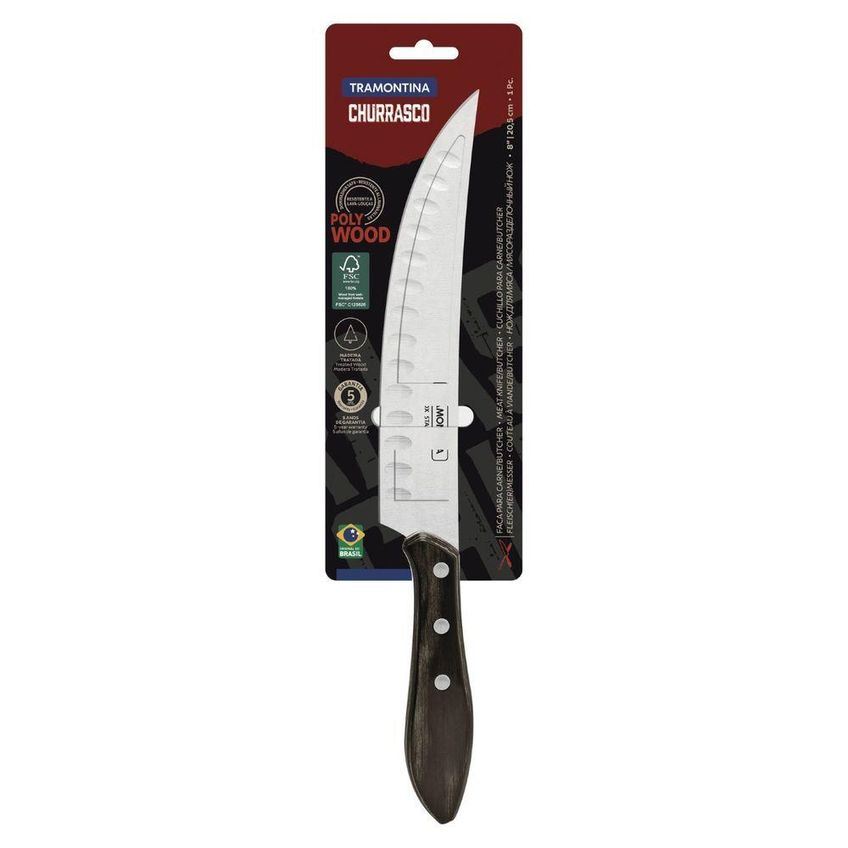 Faca Para Carne Butcher 8 Polegadas Aço Inox Cabo Madeira Polywood Castanho Tramontina - imagem 3