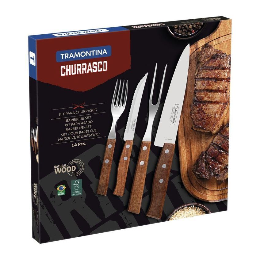 Jogo De Talheres Para Churrasco 14 Peças Aço Inox Madeira Natural - imagem 3