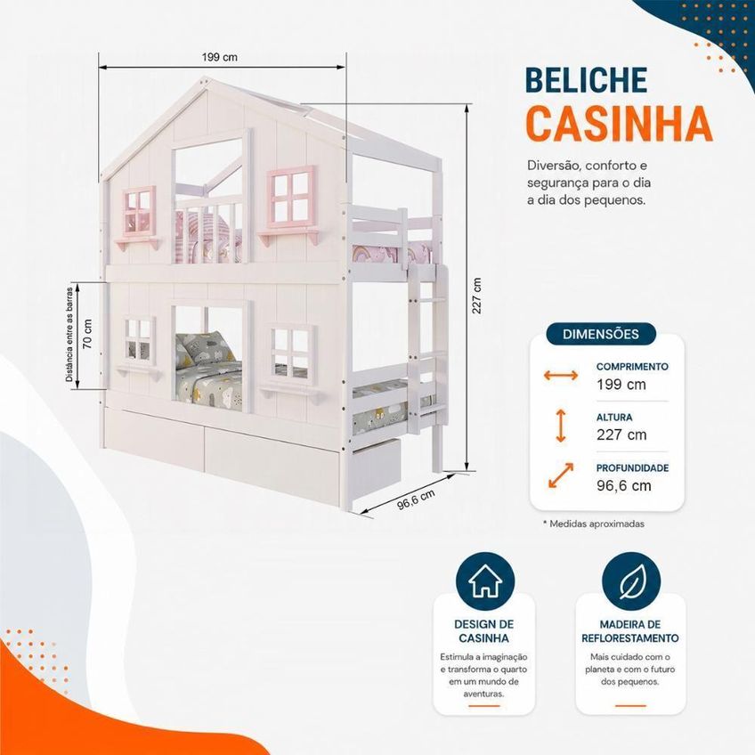 Beliche Infantil Solteiro Casinha Dos Sonhos Com Gavetas Madeira Maciça Branco Rosa Housin - imagem 3