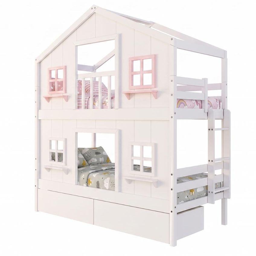 Beliche Infantil Solteiro Casinha Dos Sonhos Com Gavetas Madeira Maciça Branco Rosa Housin - imagem 4