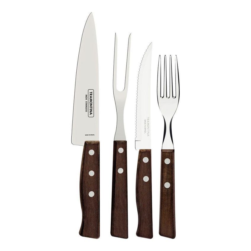 Jogo De Talheres Para Churrasco 14 Peças Aço Inox Madeira Natural - imagem 5