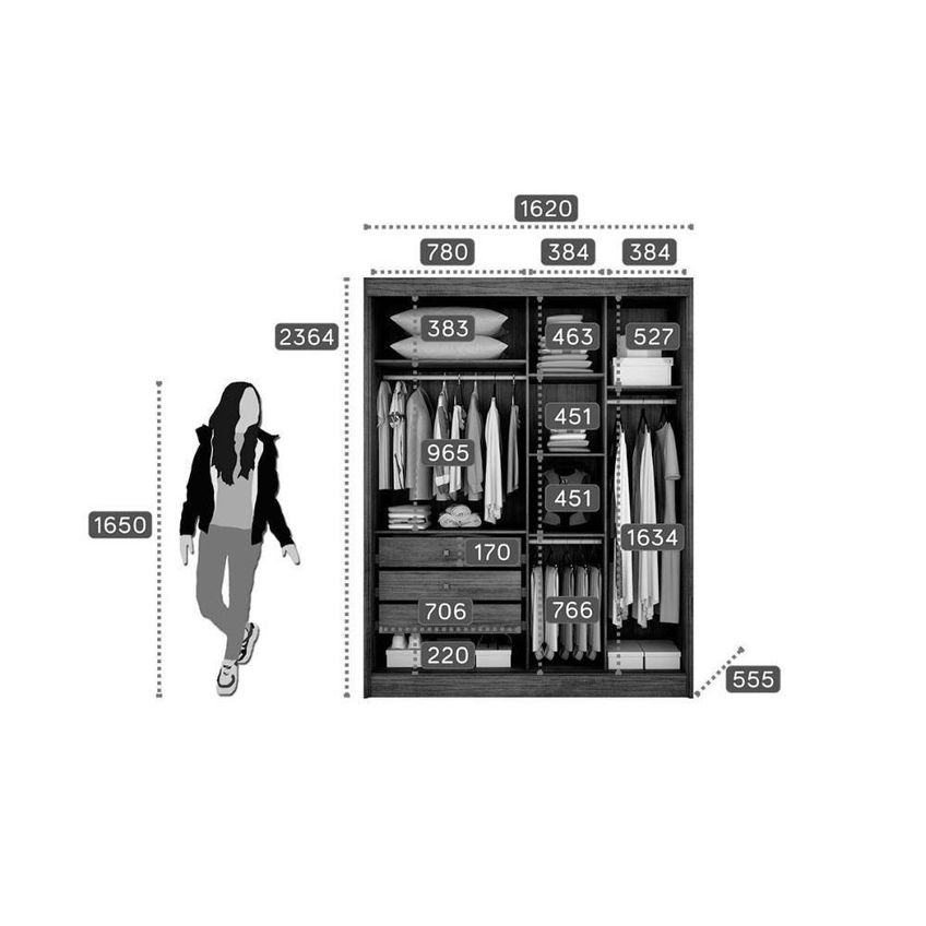Guarda Roupa Solteiro Thor Plus 2 Portas Correr 3 Gavetas MDF Espelho Freijó Cumaru C Fendi Móveis - imagem 3