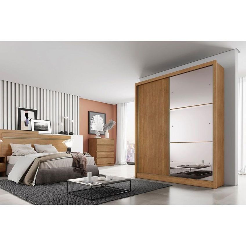 Guarda Roupa Solteiro Thor Plus 2 Portas Correr 3 Gavetas MDF Espelho Freijó Cumaru C Fendi Móveis - imagem 4