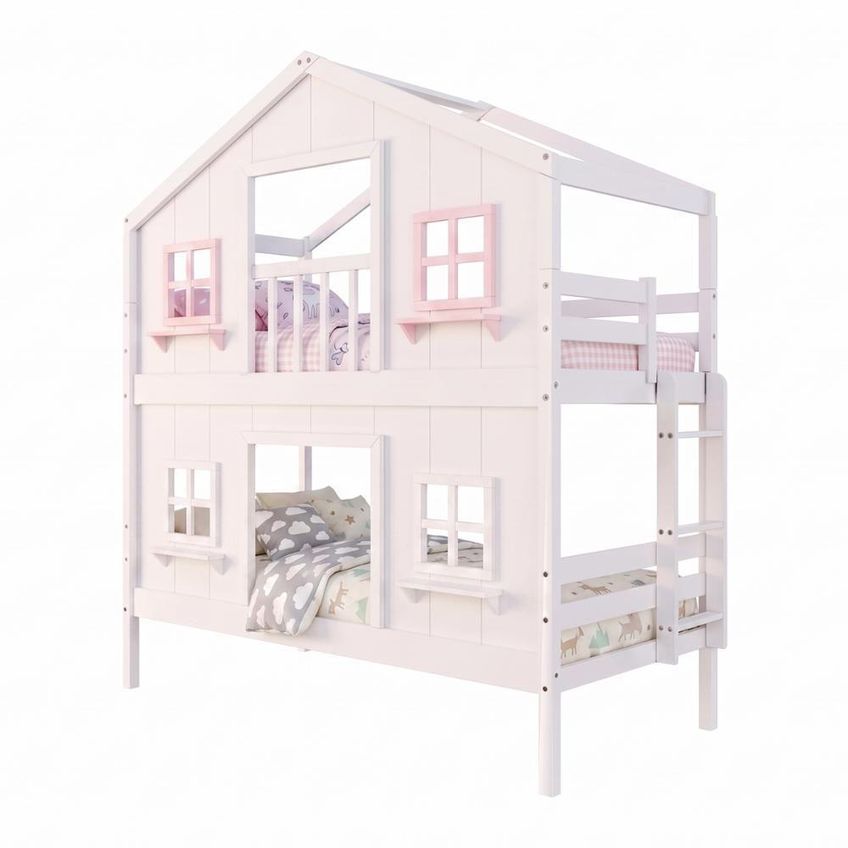 Beliche Infantil Solteiro Casinha Dos Sonhos Madeira Maciça Branco Rosa Housin - imagem 4