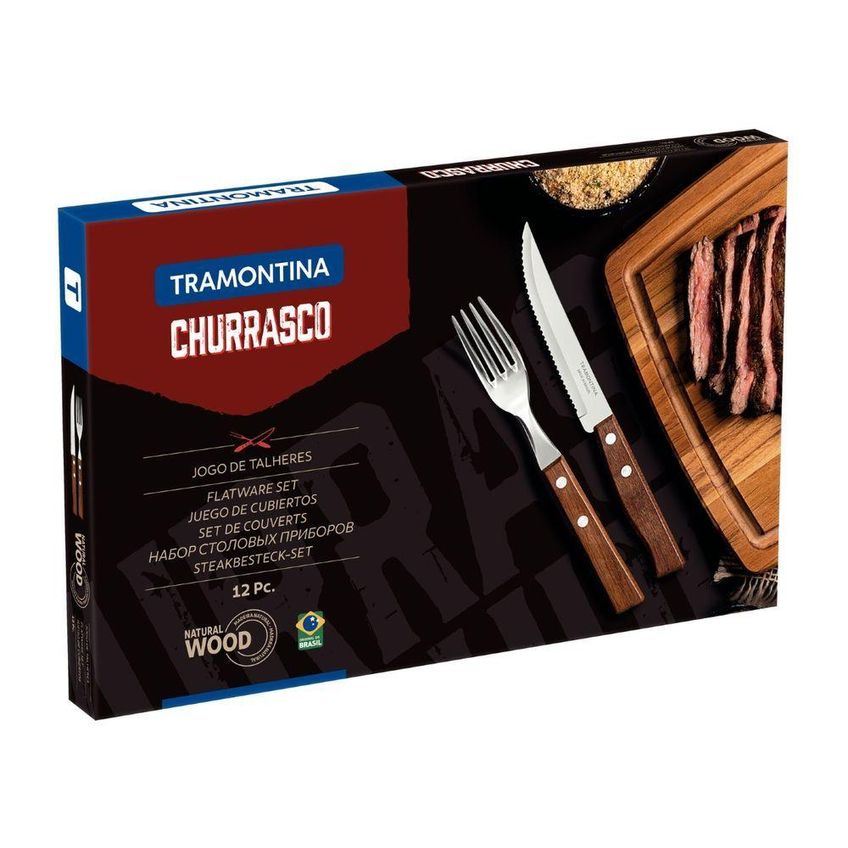 Jogo De Talheres 12 Peças Aço Inox Madeira Natural Churrasco Tramontina - imagem 5