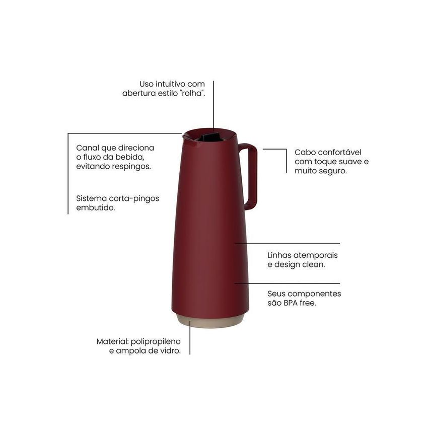 Bule Térmico Exata Conservação De Bebidas Plástico Ampola De Vidro Sistema Corta Pingos Vermelho - imagem 4