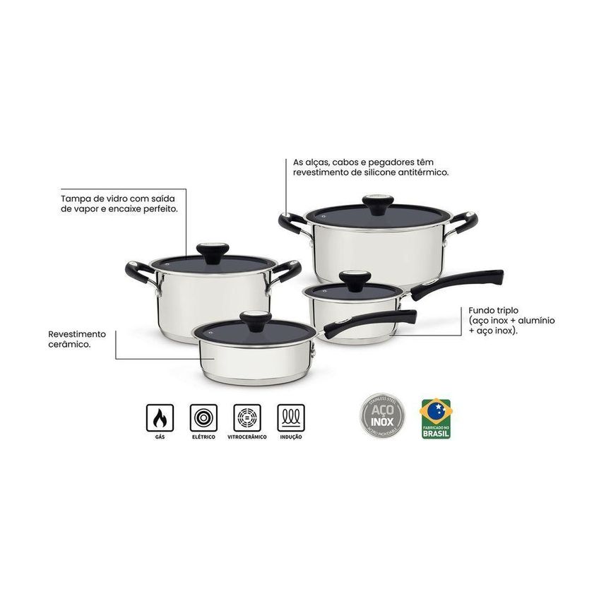 Jogo De Panelas Solar Ceramic Aço Inox Fundo Triplo Revestimento Interno Cerâmico 4 Peças Grafite - imagem 3