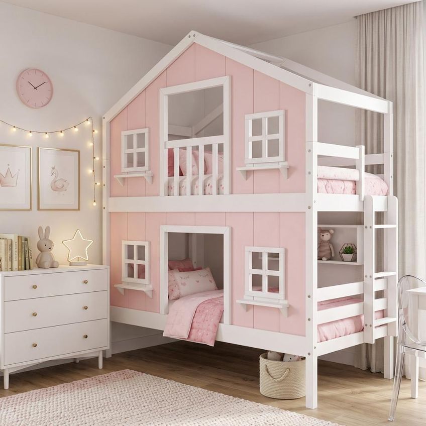 Beliche Infantil Casinha Dos Sonhos Com Fechamento Inferior Madeira Maciça Rosa Branco Housin - imagem 5