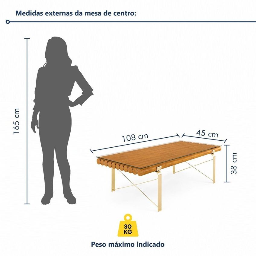 Mesa De Centro Decorativa Para Sala De Estar Em Madeira Maciça Tora Madeira/metal Champagne - imagem 3