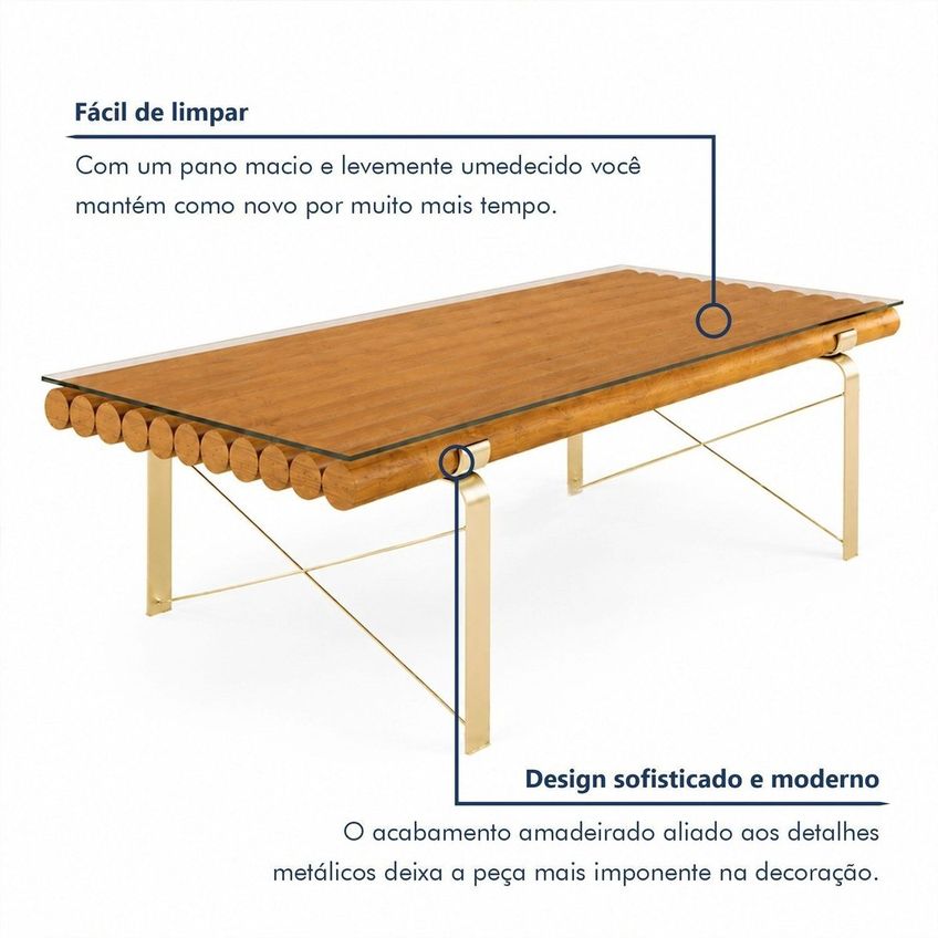 Mesa De Centro Decorativa Para Sala De Estar Em Madeira Maciça Tora Madeira/metal Champagne - imagem 4