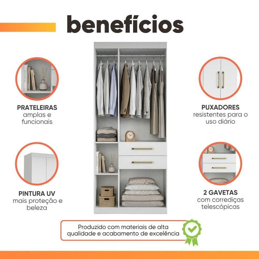 Guarda Roupas Solteiro Maya 4 Portas De Bater 2 Gavetas Branco Aramóveis - imagem 4