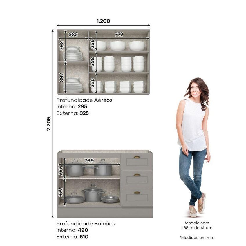 Cozinha Compacta 2 Peças Americana 5 Portas 3 Gavetas 100% MDF 120cm Cinza - imagem 3