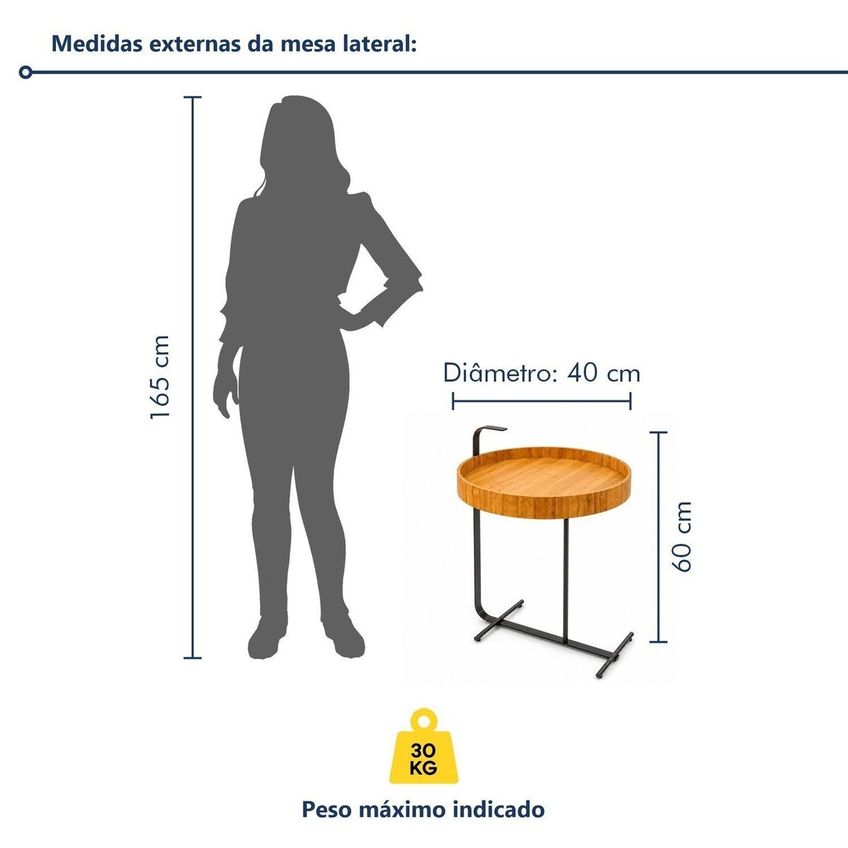 Mesa Lateral Redonda Decorativa De Apoio Para Sala De Estar Servi Cinamomo/metal Preto - imagem 3