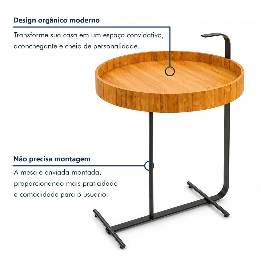 Mesa Lateral Redonda Decorativa De Apoio Para Sala De Estar Servi Cinamomo/metal Preto - imagem 4
