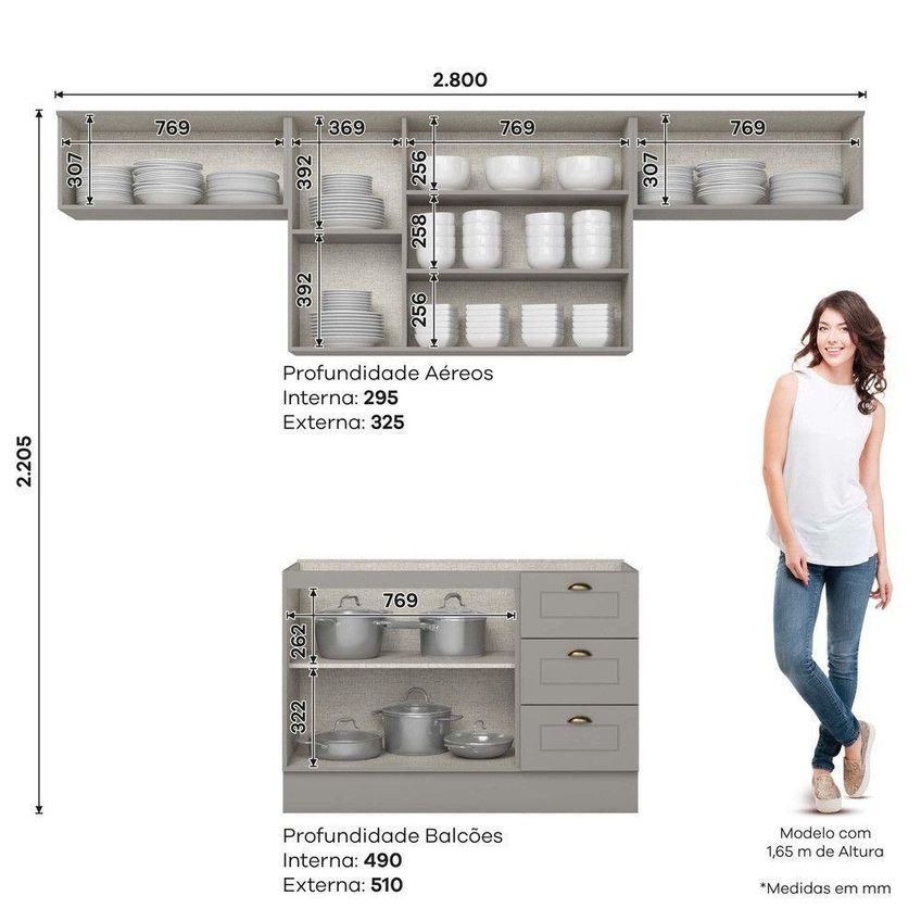 Cozinha Compacta 4 Peças Americana 7 Portas 3 Gavetas 100% MDF Cinza Henn - imagem 3