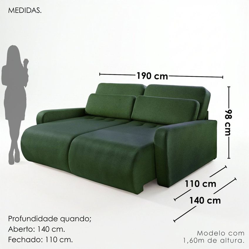 Sofá Confort Retrátil 3 Lugares 190cm Lisboa Verde Escuro - imagem 3