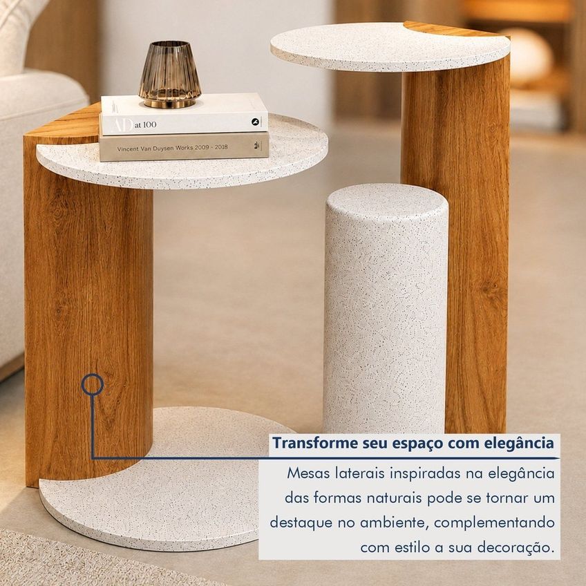 Conjunto De Mesas Laterais 2 Peças Orgânicas Dueto Cinamomo/Cimento Branco - imagem 5