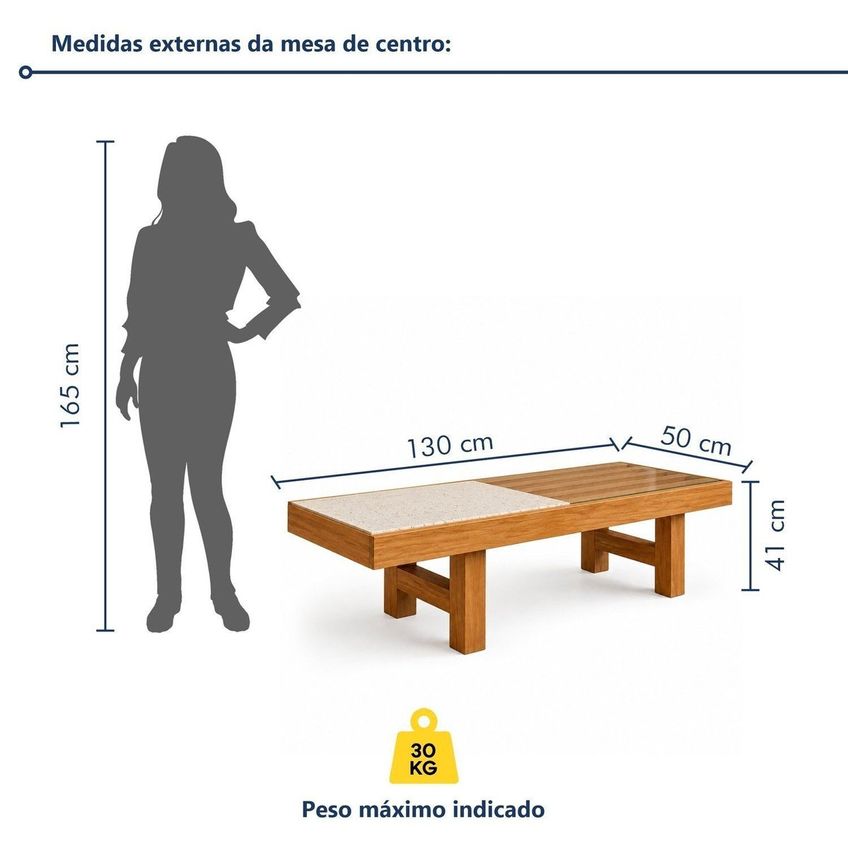 Mesa De Centro Decorativa Para Sala De Estar Em Madeira Maciça Elementos Madeira/travertino - imagem 3