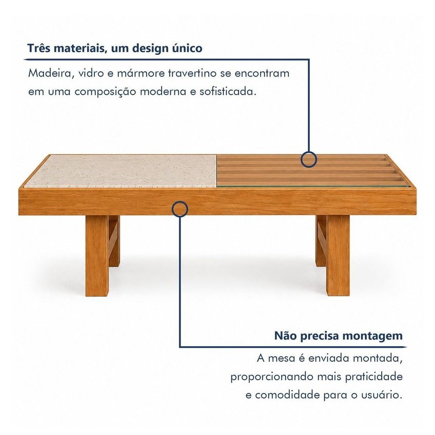 Mesa De Centro Decorativa Para Sala De Estar Em Madeira Maciça Elementos Madeira/travertino - imagem 5