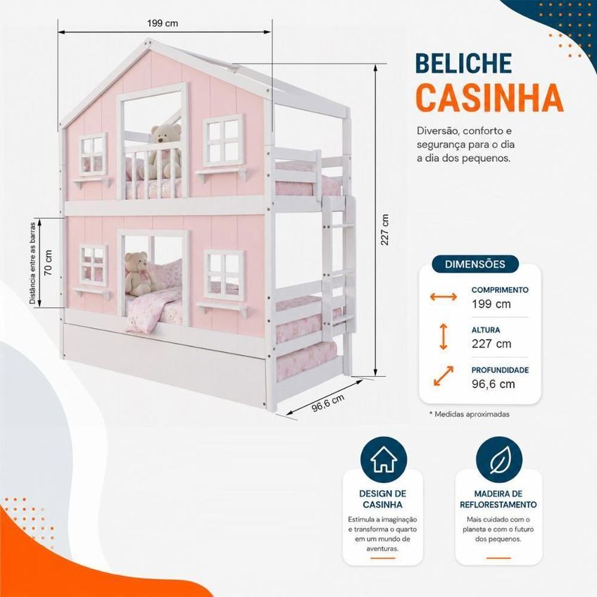 Treliche Infantil Casinha Dos Sonhos Madeira Maciça Rosa Branco Solteiro Housin - imagem 3