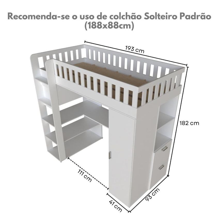 Cama Solteiro Alta Sky Com Escrivaninha Armários E Gavetas Branco - imagem 3