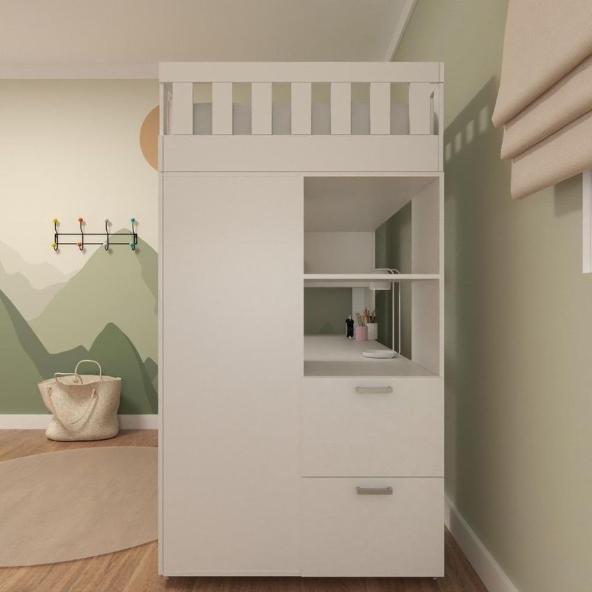 Cama Solteiro Alta Sky Com Escrivaninha Armários E Gavetas Branco - imagem 4