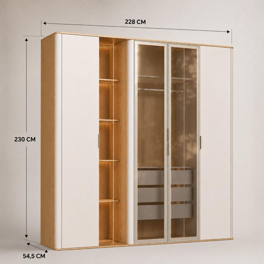 Guarda-roupas Infantil 100% MDF com LED, Portas de Vidro Reflecta Cantos Arredondados e Nichos Cinamomo/Off White - imagem 3