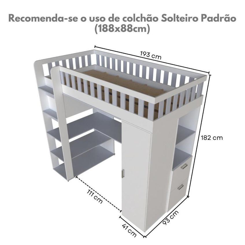 Cama Solteiro Alta Sky Com Escrivaninha Armários E Gavetas Branco/cinza - imagem 3