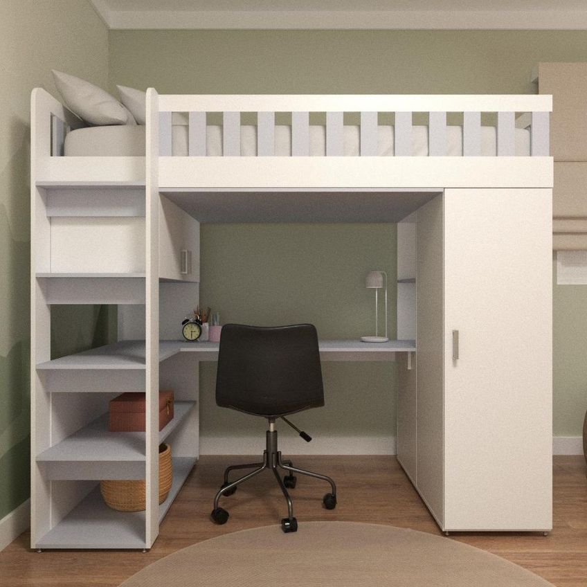 Cama Solteiro Alta Sky Com Escrivaninha Armários E Gavetas Branco/cinza - imagem 4