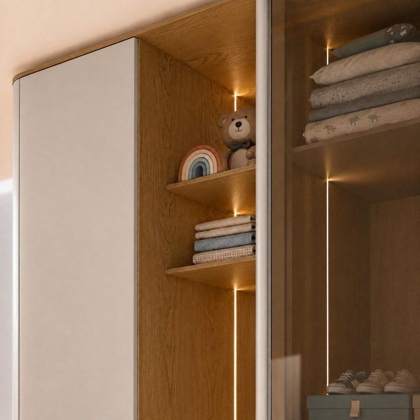 Guarda-roupas Infantil 100% MDF com LED, Portas de Vidro Reflecta Cantos Arredondados e Nichos Cinamomo/Off White - imagem 5