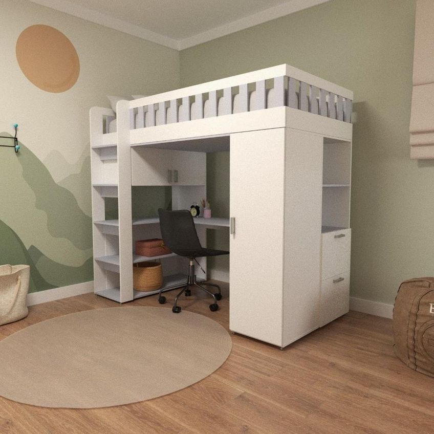 Cama Solteiro Alta Sky Com Escrivaninha Armários E Gavetas Branco/cinza - imagem 5