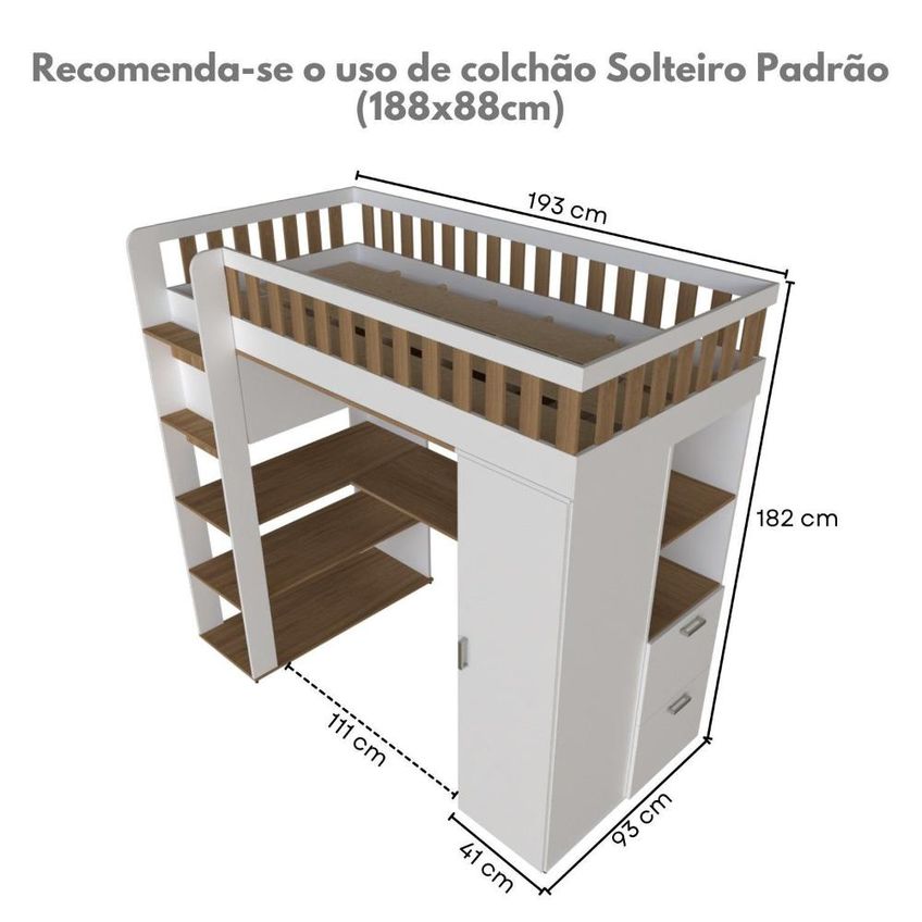 Cama Solteiro Alta Sky Com Escrivaninha, Armários E Gavetas Branco/carvalho Mel - imagem 3