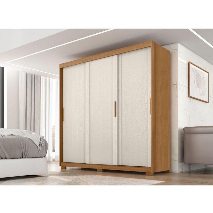 Guarda Roupa Casal Confort 3 Portas De Correr 4 Gavetas Mdp Cinamomo Areia Fosco Zanzini Móveis - imagem 3