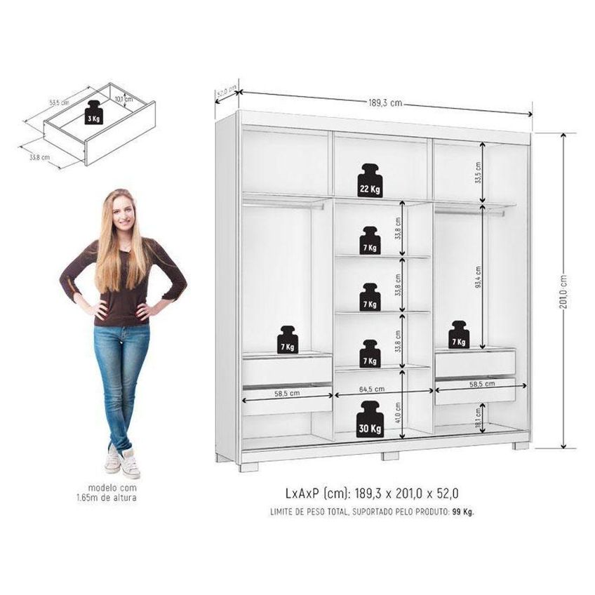 Guarda Roupa Casal Confort 3 Portas De Correr 4 Gavetas Mdp Cinamomo Areia Fosco Zanzini Móveis - imagem 4
