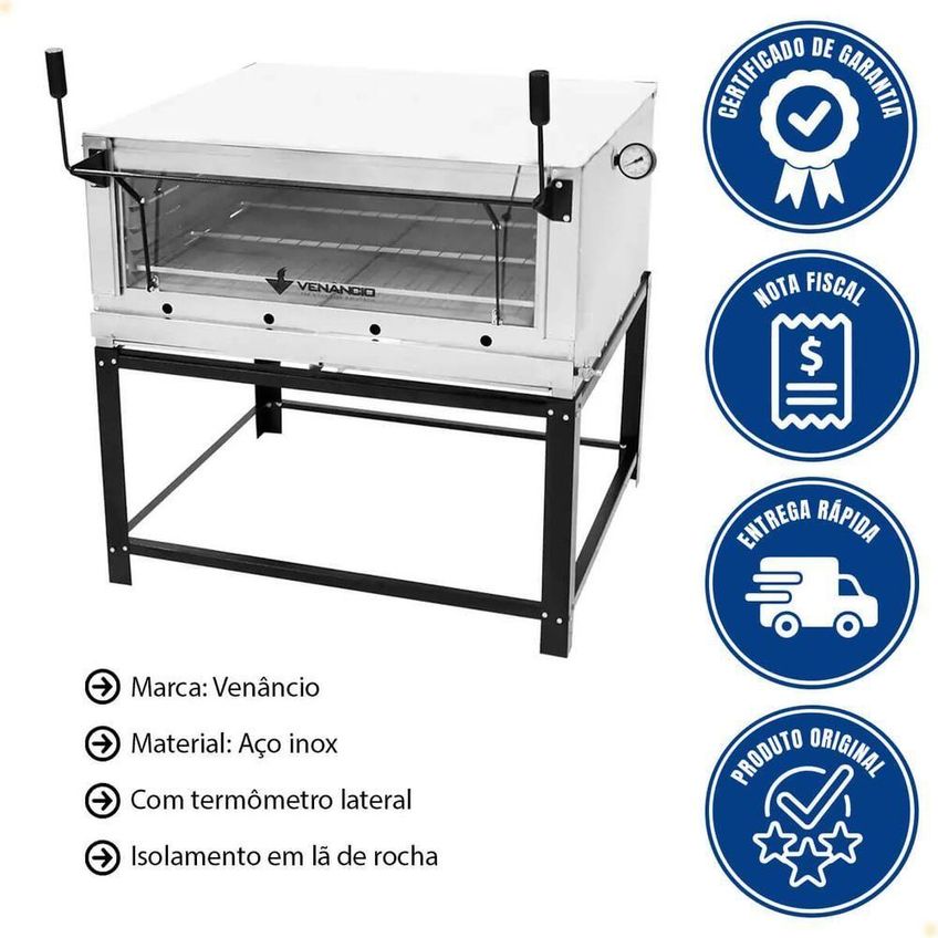 Kit Forno Industrial A Gás GLP Venâncio Roma Inox 90 Firi90 Aço Inox 132L Pedra Refratária Inox - imagem 3