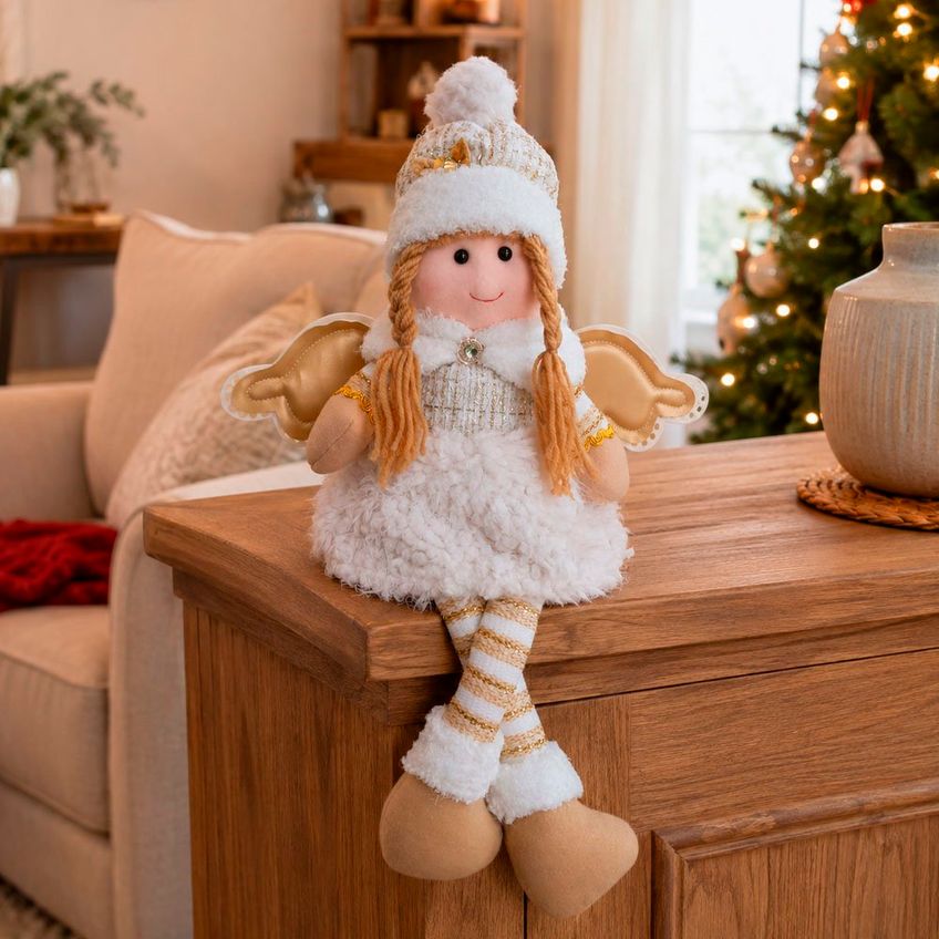 Boneco Anjo Natal Sentado Pernas Mole Decoração Enfeite 50cm - imagem 3