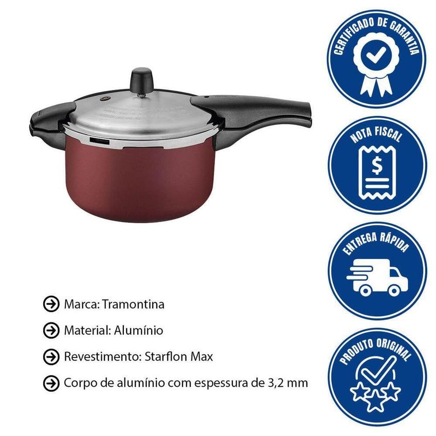Panela De Pressão Vancouver Effect Alumínio Antiaderente 6L Vermelho Tramontina - imagem 4
