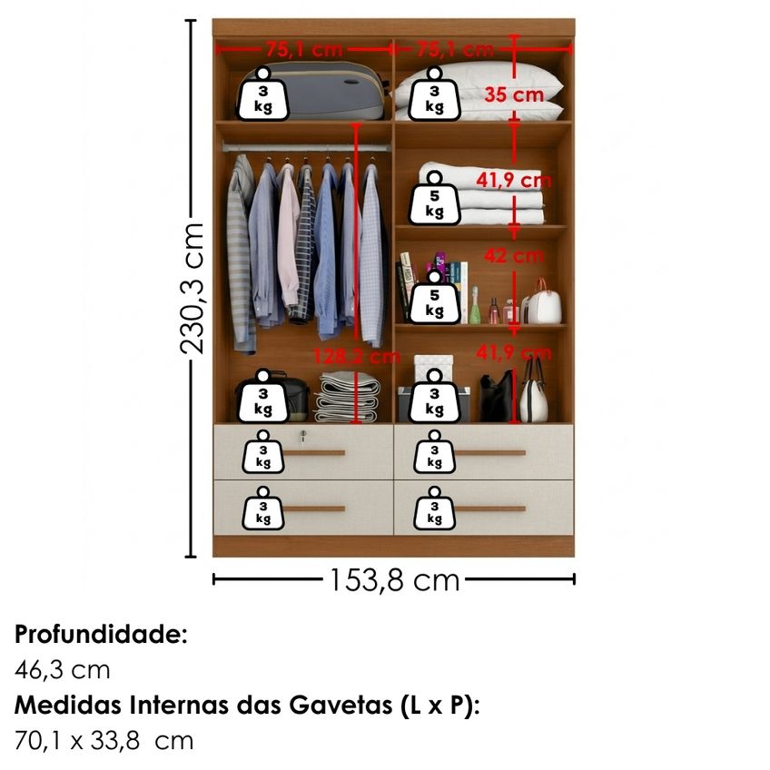 Guarda Roupa Solteiro 4 Portas Com Espelho Mari 154x231 Cm Cinamomo Areia Zanz - imagem 3